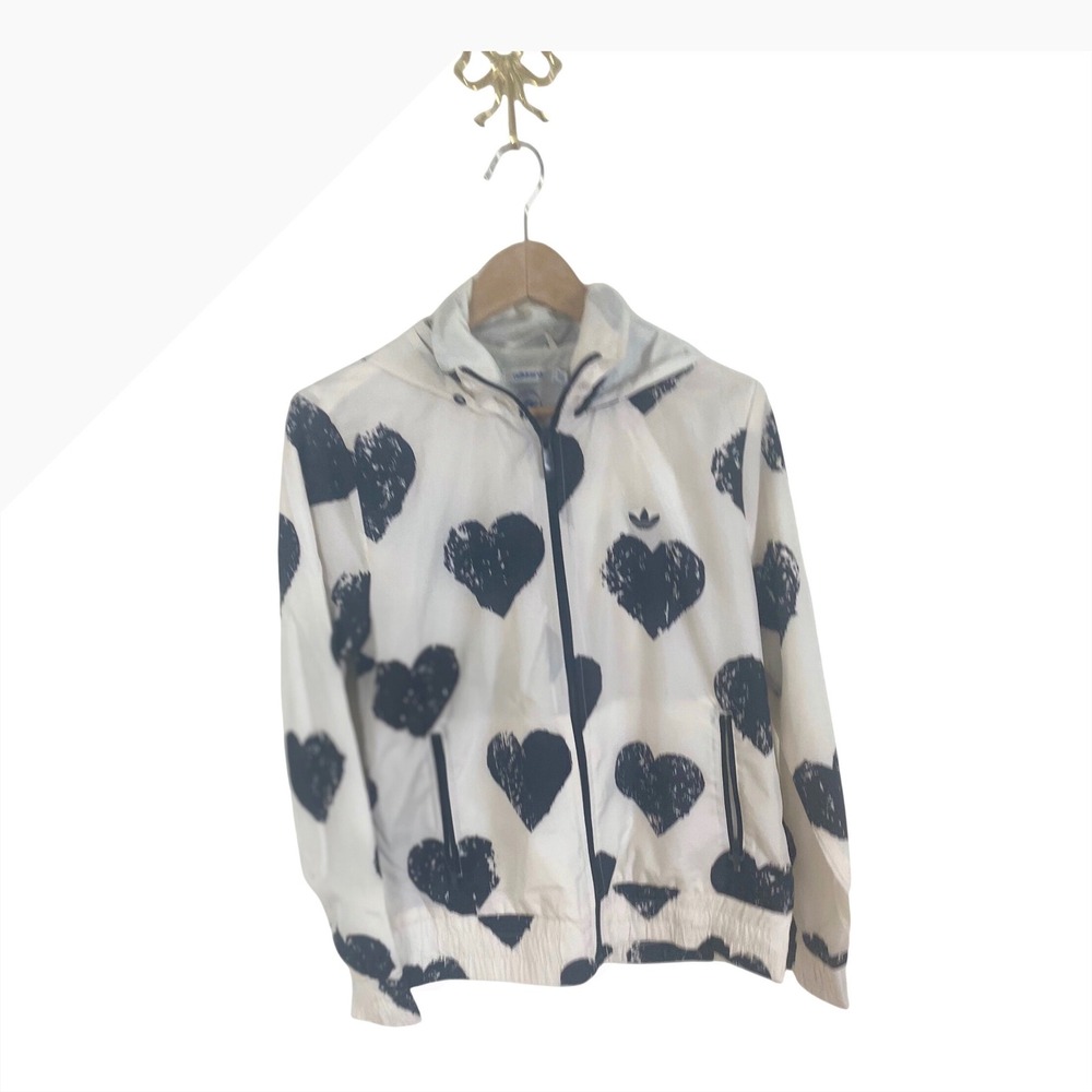 Adidas Originals Heart Print Windbreaker Jacket White Black Full Zip L